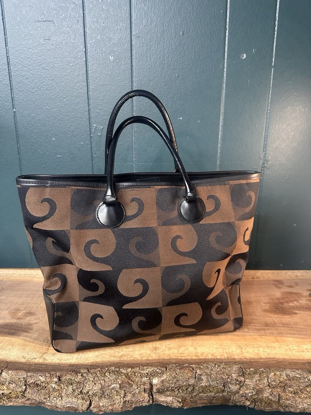 Pierre Cardin Canvas Tote Bag Brown Black Leather Trim Structured